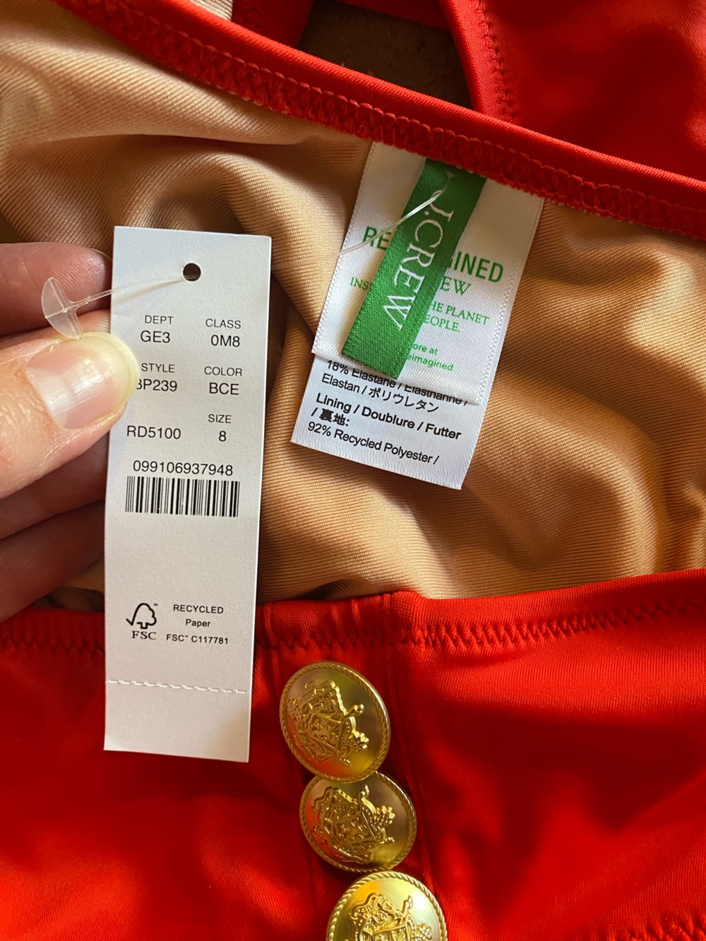 J. Crew Red One-Shoulder Cutout Swimsuit with Gold Buttons - Picture 8 of 8